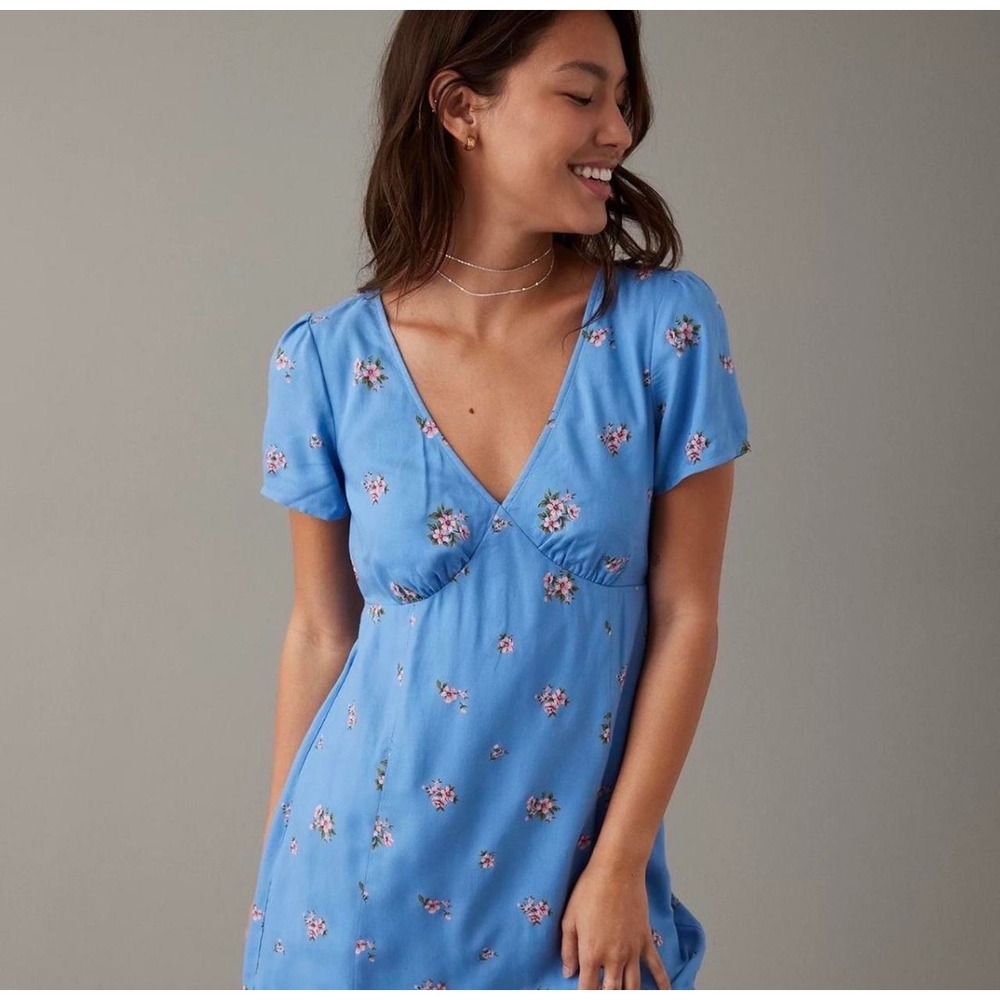American Eagle Blue Floral V-Neck Mini Dress Short Sleeve XXS